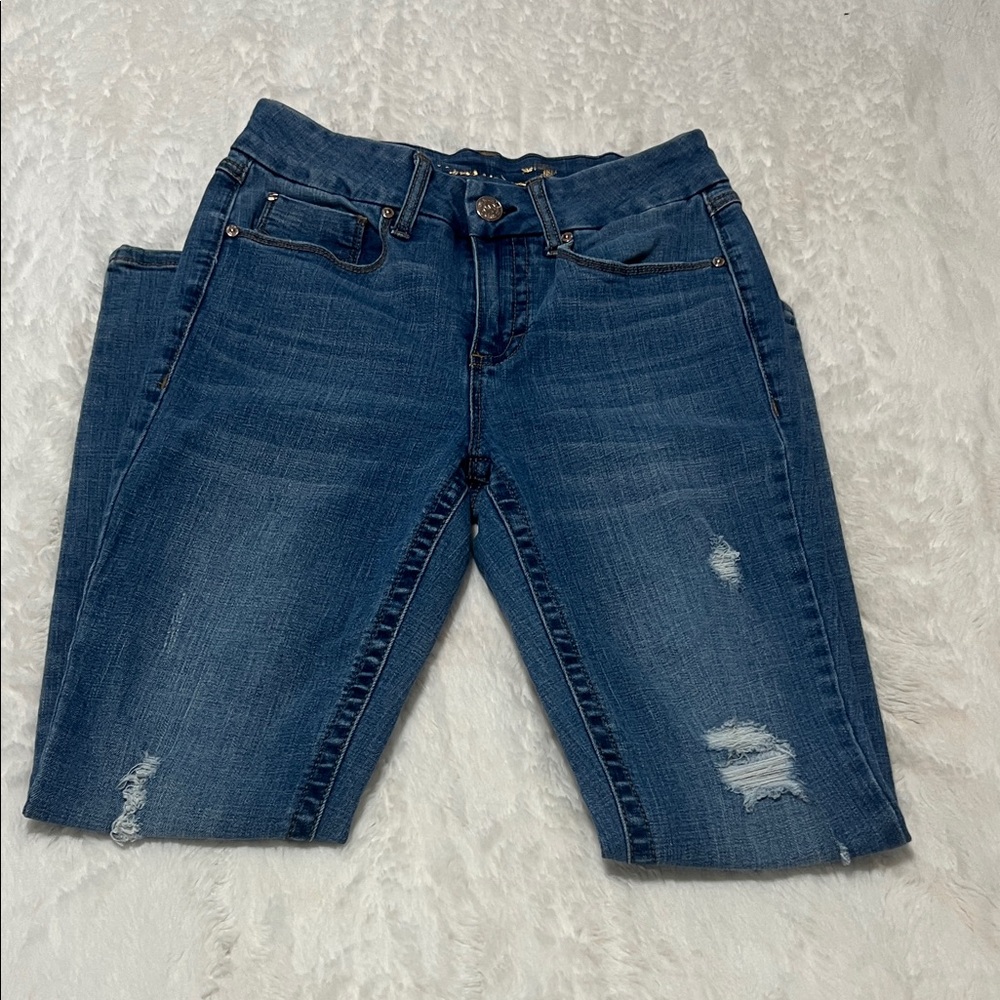 Seven7 Women's Dark Blue Distressed Jeans